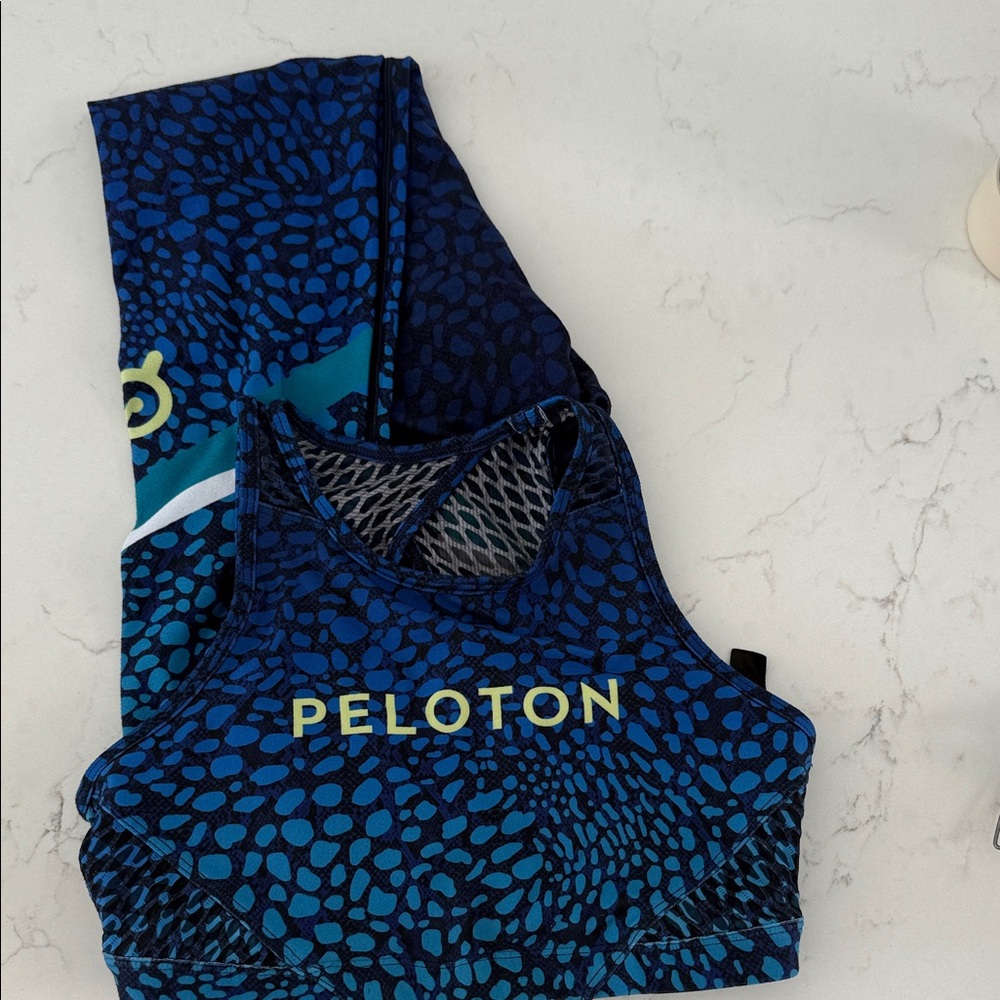 SET— With collab Peloton Navy and Teal Patterned Sports Bra with Lime Logo set